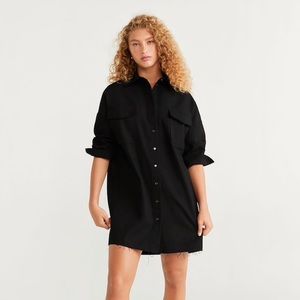 Mango Black Cotton Button Up Frayed Shirt Dress